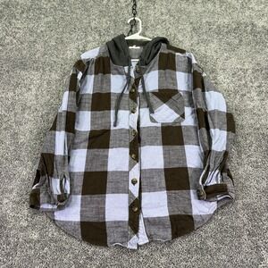 Maurices Shirt Womens XL Blue Plaid Long Sleeve Hooded Button Up Flannel